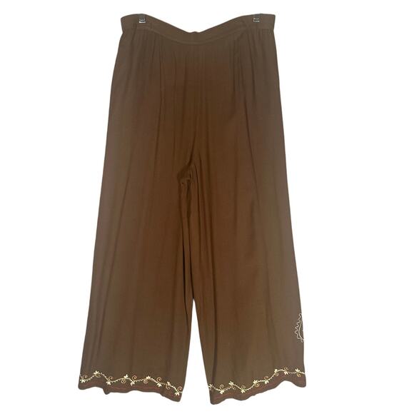 Geeta Split Wide Leg Embroidered Crop Pants OS 32x25 Brown Flowy Bohemian Gypsy - Picture 2 of 10